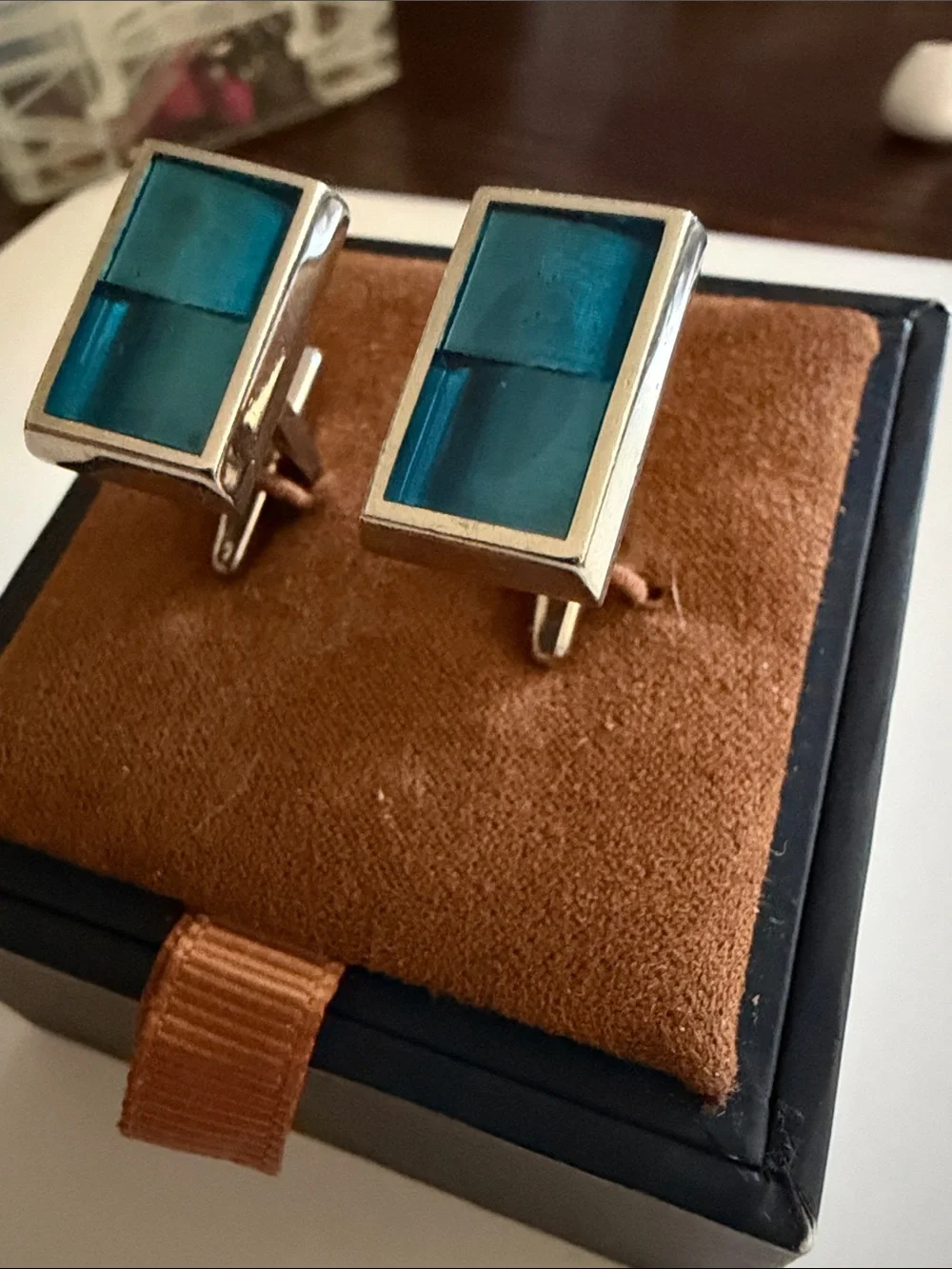 Vintage Rectangular Teal Glass Cufflinks